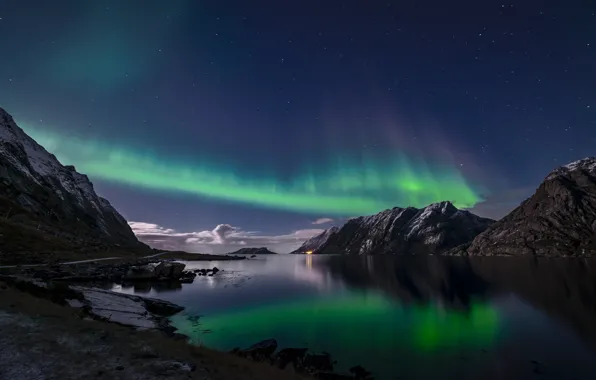 Картинка ночь, северное сияние, Норвегия, Лофотенские острова