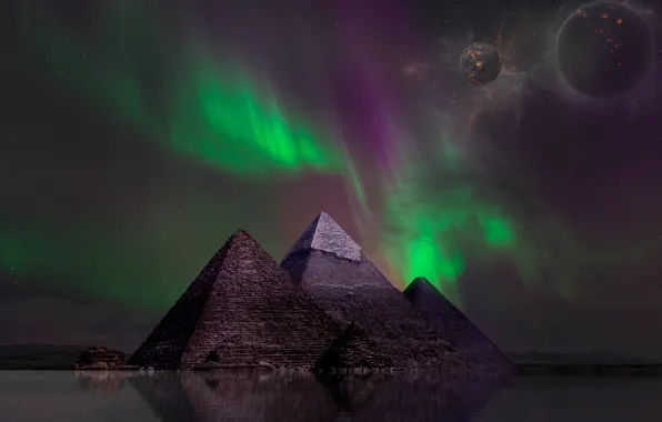 Картинка космос, ночь, рендеринг, фантастика, планеты, северное сияние, пирамиды, водоем
