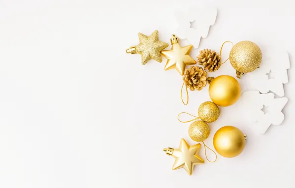 Шарики, праздник, игрушки, белый фон, Новый год, golden, Christmas, decoration