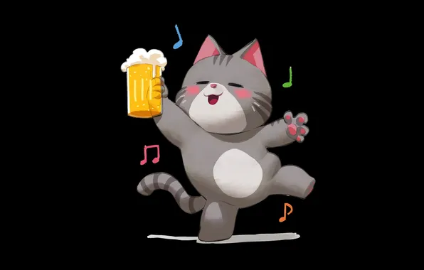 Картинка beer, cats, black background, open mouth, alcohol, simple background, closed eyes, Drunk