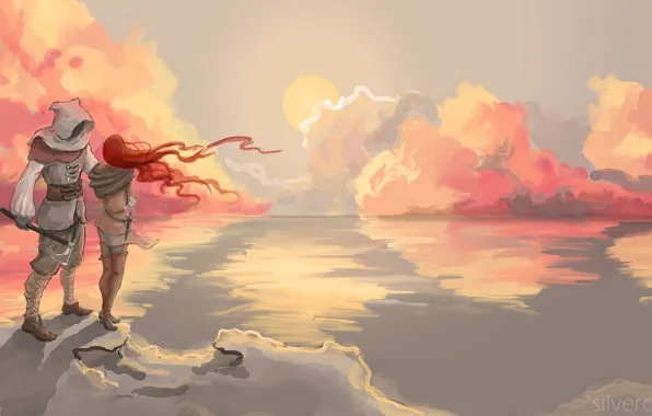Картинка море, небо, девушка, облака, пейзаж, закат, отражение, оружие
