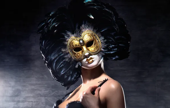 Картинка девушка, перья, маска