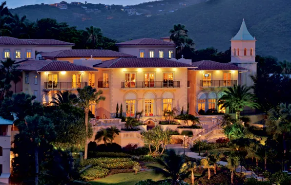 City, evening, houses, Church, U.S. Virgin Islands