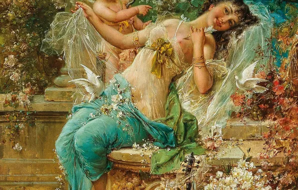 Цветы, Девушка, Улыбка, Картина, Hans Zatzka, Купидон, Австрийский художник, Ханс Зацка