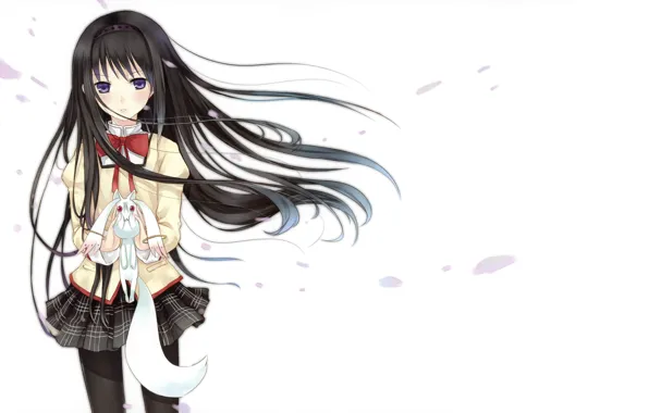 Картинка девушка, юбка, аниме, лепестки, белый фон, длинные волосы, фиолетовые глаза, Akemi Homura