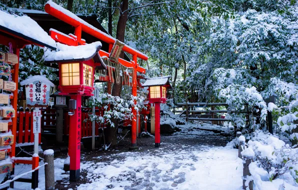 Картинка зима, снег, Япония, фонари, храм, Japan, врата, Kyoto