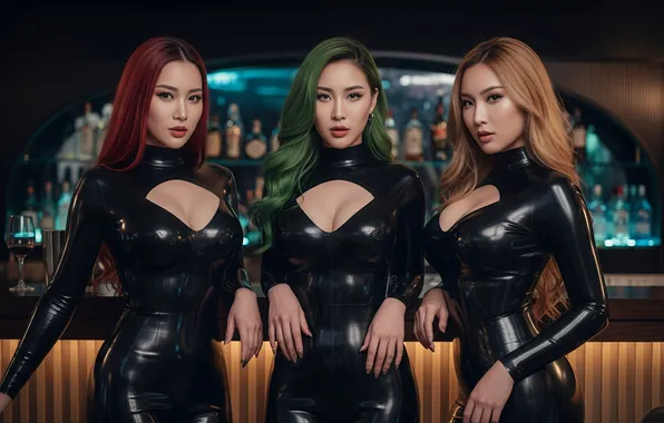 Cleavage, Asian, redhead, blonde, green hair, latex, alcohol, bars