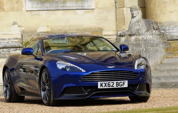 Картинка Aston Martin, Синий, Машина, Решетка, Капот, Фары, Vanquish, Передок