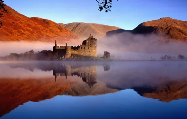 Картинка sky, landscape, nature, water, mountains, lake, fog, ruins