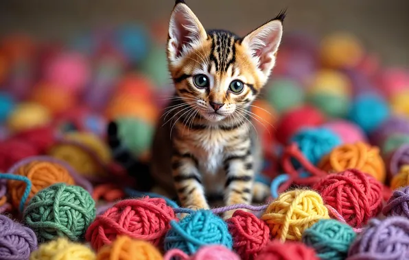 Кошка, взгляд, поза, котенок, игра, нитки, мордашка, полосатый