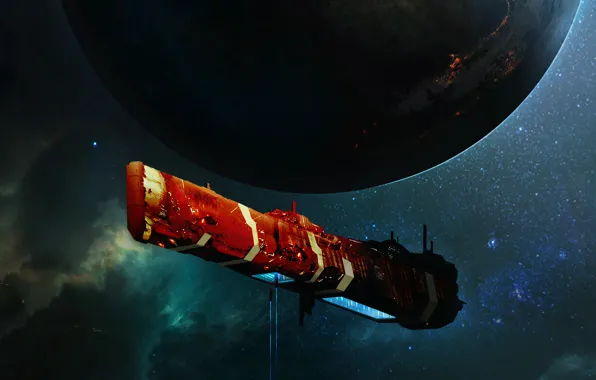 Космос, звезды, фантастика, корабль, планета, арт, spaceship
