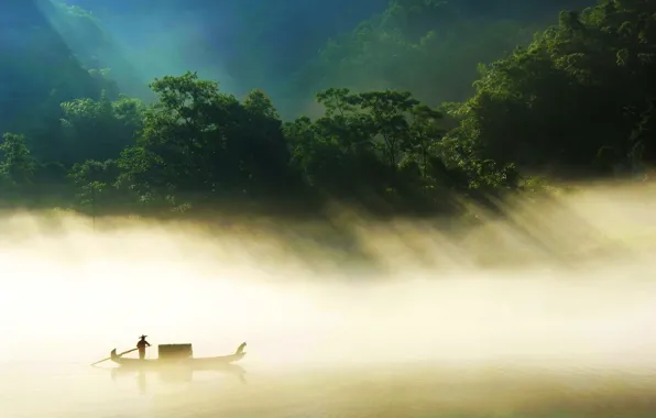 Картинка лес, природа, туман, река, лодка, Китай
