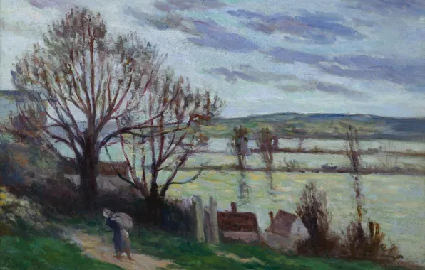 Пейзаж, картина, 1930, Максимильен Люс, Maximilien Luce, Крестьянка Идущая по Берегу Реки