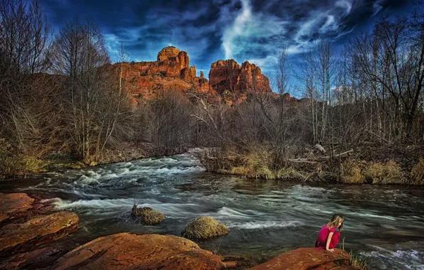 Girl, river, Arizona, Sedona, Cathedral Rock