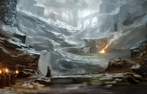 Картинка снег, мост, река, камни, замок, скалы, арт, капюшон