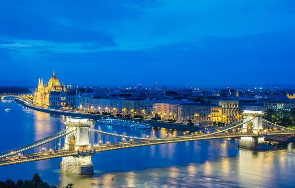 Ночь, мост, огни, река, парламент, Венгрия, Будапешт, Дунай