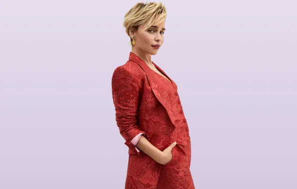 Взгляд, актриса, блондинка, костюм, красивая, Emilia Clarke, Эмилия Кларк, короткая стрижка