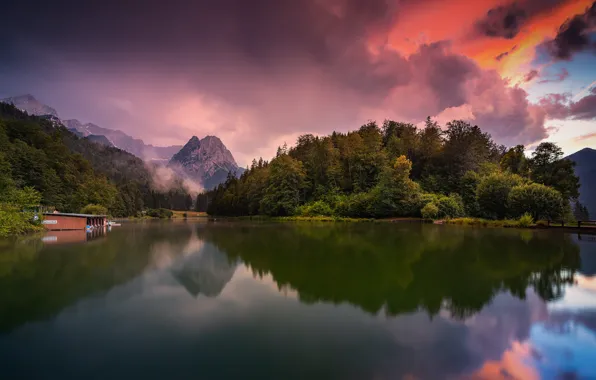 Картинка пейзаж, закат, горы, природа, озеро, вечер, Германия, Бавария