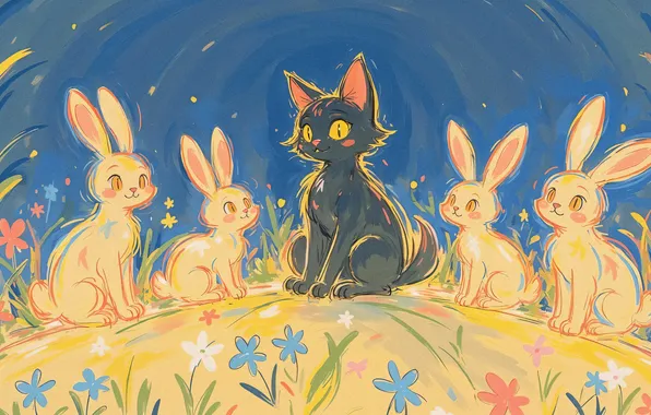 Кошка, кот, цветы, природа, поза, поляна, черный, рисунок