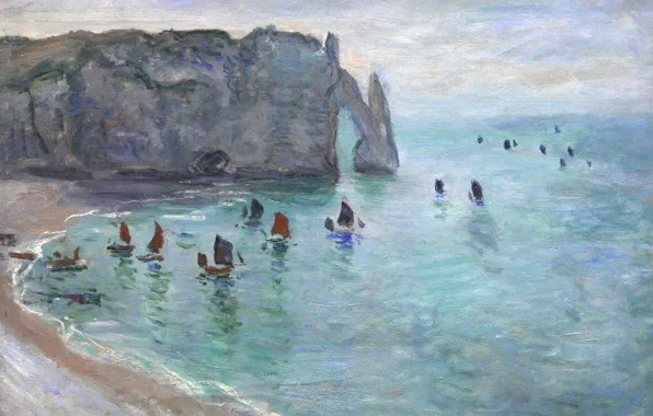 Картинка море, скала, картина, лодки, арка, парус, морской пейзаж, Клод Моне