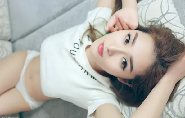 Asian, panties, model, women, brunette, hips, T-shirt, white panties