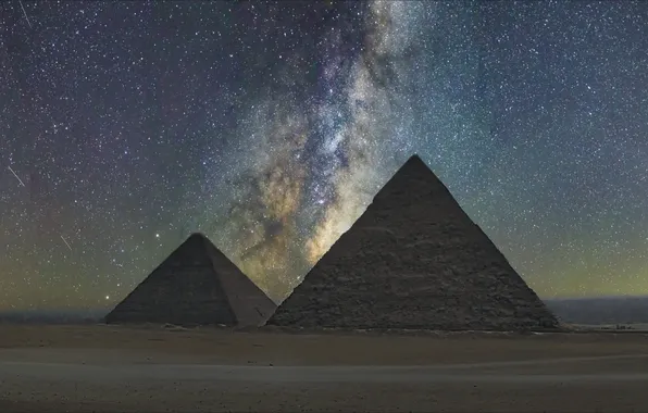 Картинка пейзаж, ночь, пустыня, звёзды, пара, пирамиды, Egypt
