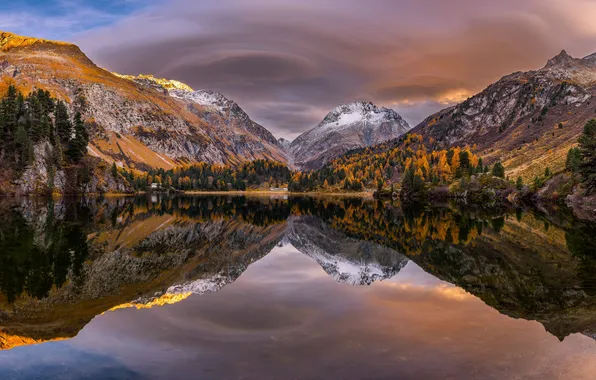 Картинка sky, Switzerland, trees, autumn, mountains, clouds, lake, reflection