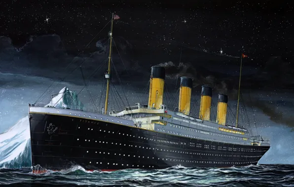 Картинка Titanic, Пассажирское судно, RMS Titanic, на Ходу, Небо, Титаник, Рисунок, Момент
