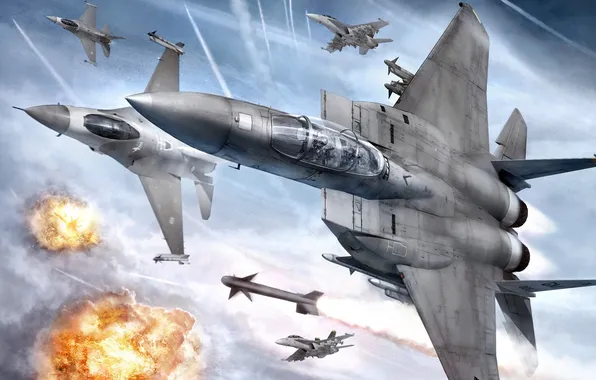 Картинка полет, взрывы, истребитель, самолеты, в небе, Ace Combat 6, Fires of Liberation