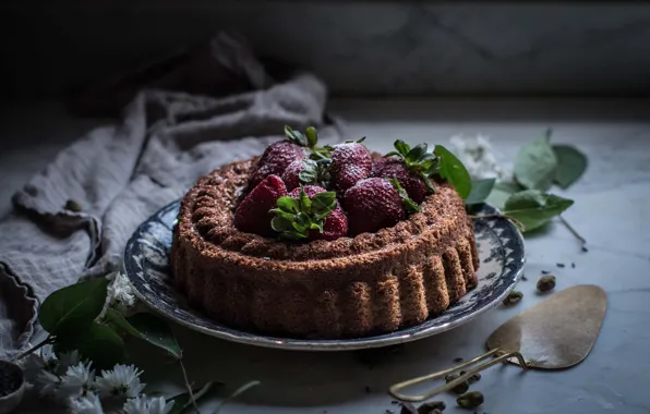 Cake, food, strawberries