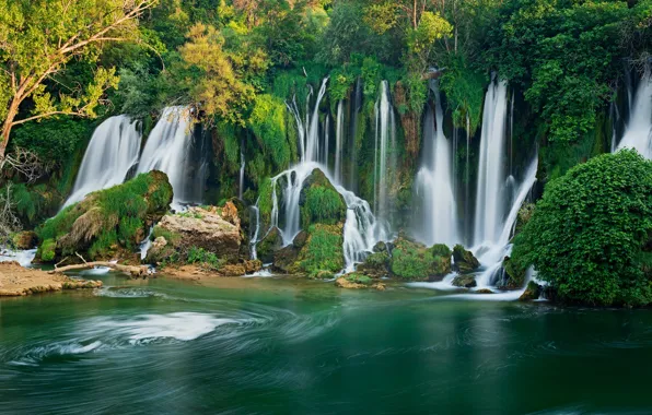 Деревья, река, водопады, Босния и Герцеговина, Bosnia and Herzegovina, Водопад Кравица, Kravica Waterfalls, Trebižat River