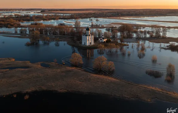 Пейзаж, природа, река, весна, церковь, разлив, берега, Боголюбово