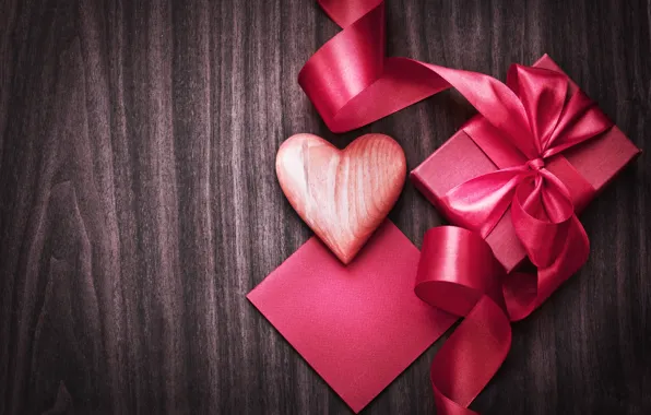 Фон, праздник, коробка, подарок, розовая, сердце, лента, сердечко