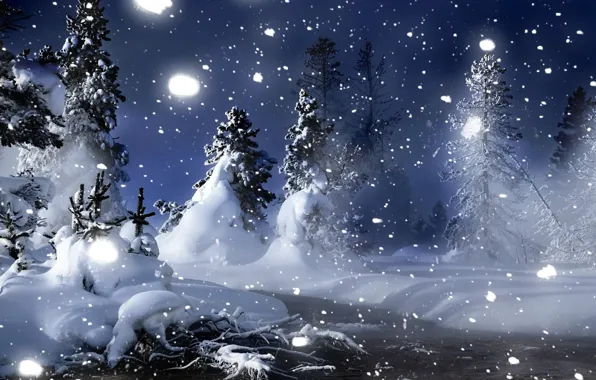 Картинка зима, снег, деревья, ночь, река, елки