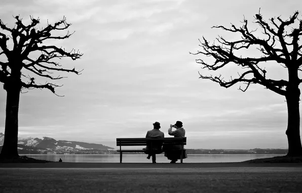 Картинка woman, man, couple, bench, sitting