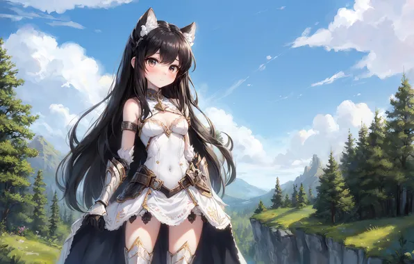 Girl, armor, nature, anime, painting, digital art, fantasy art, white dress