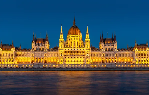 Lights, night, Hungary, Danube, Orszaghaz, neo gothic