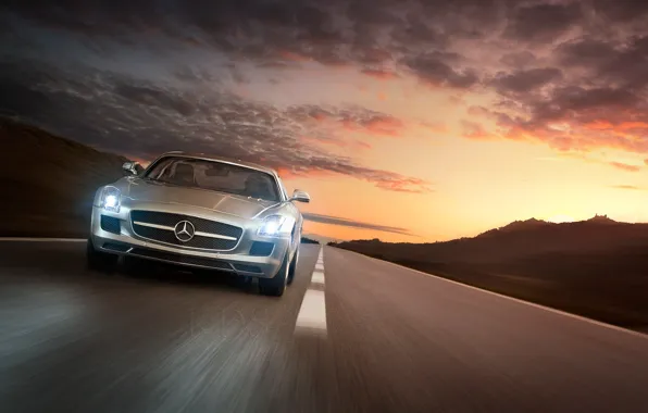 Mercedes-Benz, Speed, AMG, Sun, SLS, Mountain, Sunset, Sport