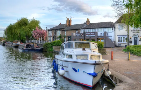 Природа, река, HDR, причал, катер, houses, United Kingdom, motorboat