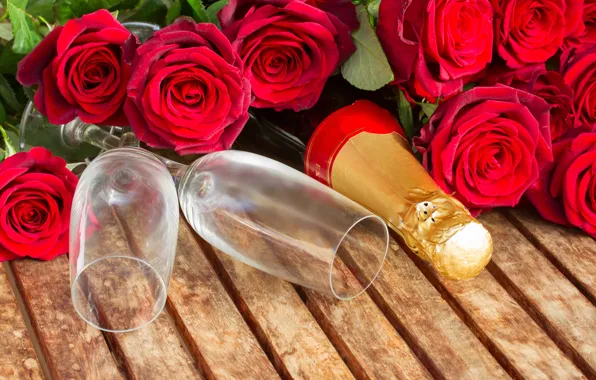 Розы, бокалы, шампанское, romantic, Valentine`s day, день Святого Валентина
