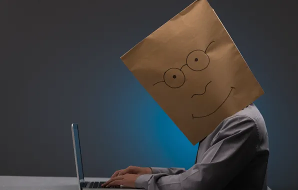 Notebook, worker, paper bag, happy face