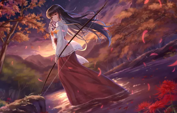 Anime, trees, nature, anime, flowers, stars, digital art, archer