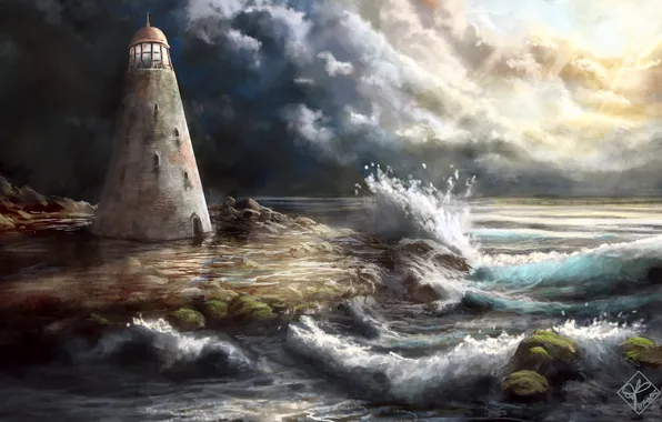 Картинка море, волны, тучи, шторм, камни, маяк, башня, арт