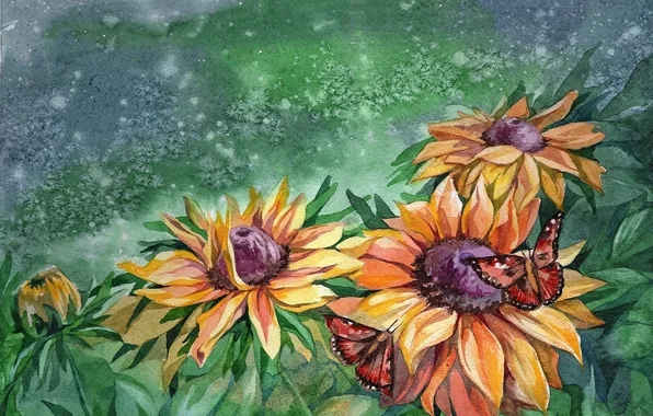 Картинка лето, листья, бабочки, цветы, природа, лепестки, живопись