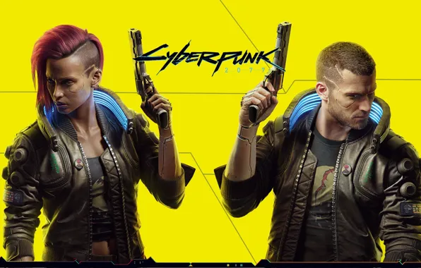 Девушка, пистолеты, парень, киборги, Cyberpunk 2077, жёлтый фон