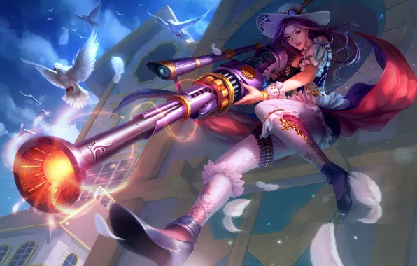 Девушка, Оружие, Голуби, Fantasy, Art, Винтовка, League of Legends, Illustration