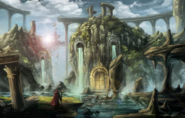 Картинка вода, озеро, человек, дверь, арт, руины, водопады, фантастический мир