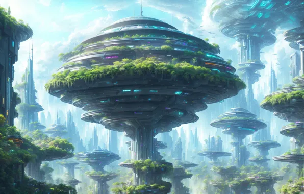 City, future, art, fantastic, cyberpunk, digital art, biospheres, Futuristic