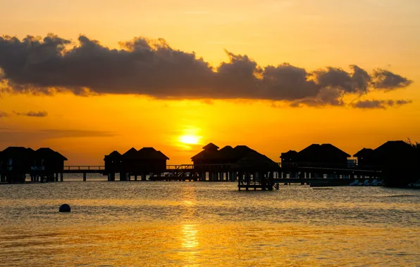 Море, небо, закат, домики, Jamaica