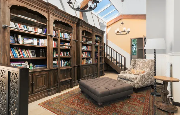 Книги, кресло, кабинет, шкафы